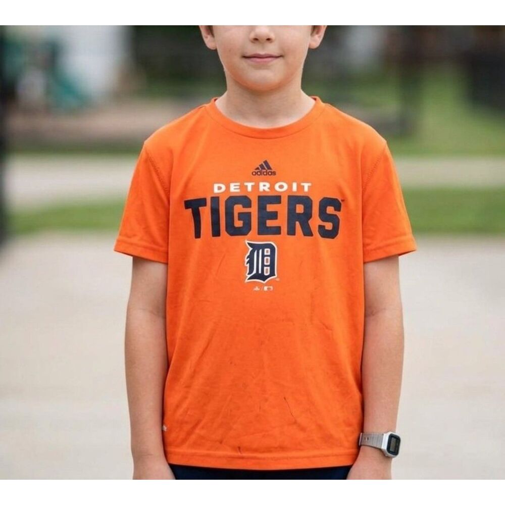 Adidas Climalite Detroit Tigers Boys Shirt Size Large 10/12 Orange Tee Play Wear